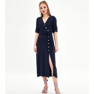 ZARA - TRF Elegant Navy Button-Down Dress